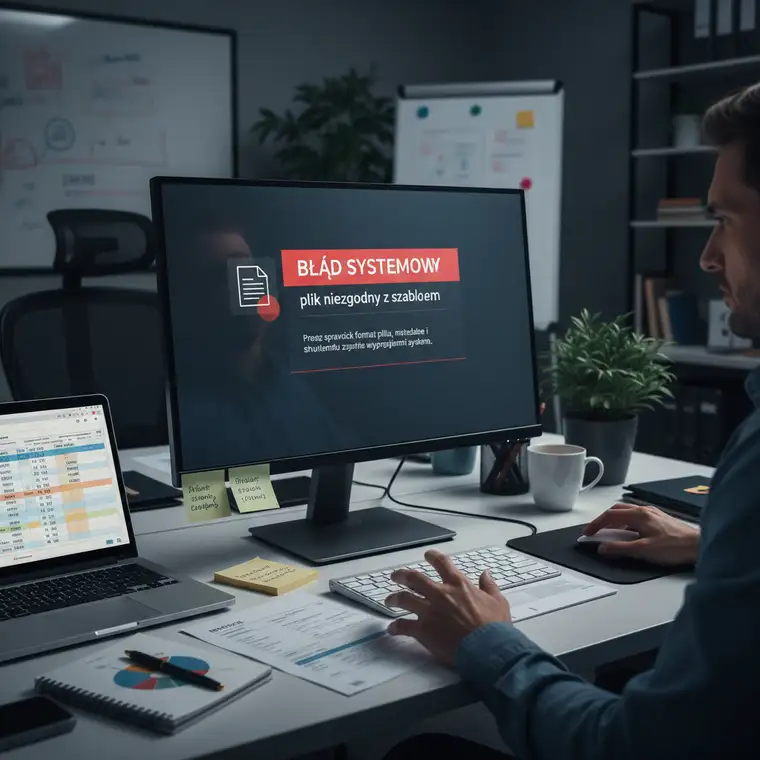 Diagram procesu naprawy błędu plik niezgodny z szablonem w systemie DMS z zaznaczonymi krokami kontroli formatu, metadanych i struktury