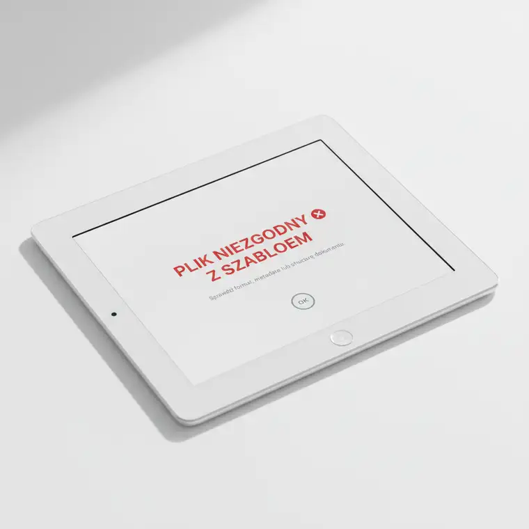 Pracownik biurowy analizujący komunikat błąd plik niezgodny z szablonem w systemie DMS na ekranie komputera podczas próby wgrania dokumentu