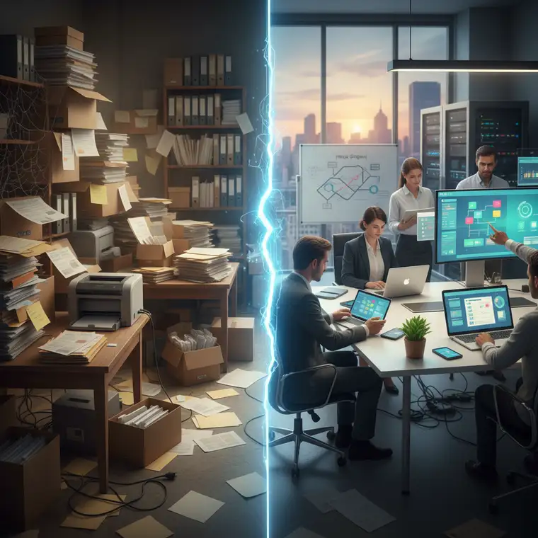 Zespół pracujący hybrydowo korzysta z elektronicznego obiegu dokumentów, zamiast papierowych segregatorów, aby przyspieszyć akceptacje