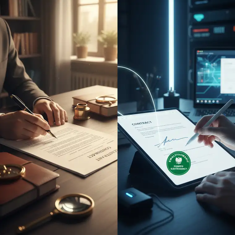 Pracownik biurowy zarządzający cyfrowymi dokumentami na ekranie komputera, wizualizacja wdrożenia kwalifikowanego podpisu elektronicznego w firmie