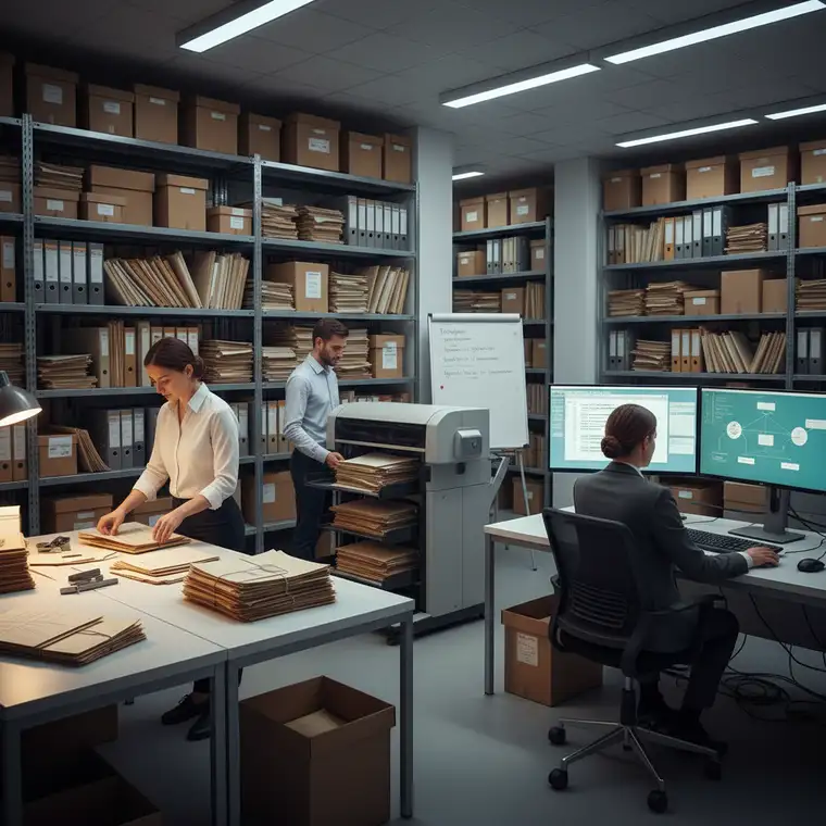 Proces digitalizacji archiwum firmowego z wykorzystaniem OCR i indeksacji, pokazujący etapy pracy dla 10000 dokumentów