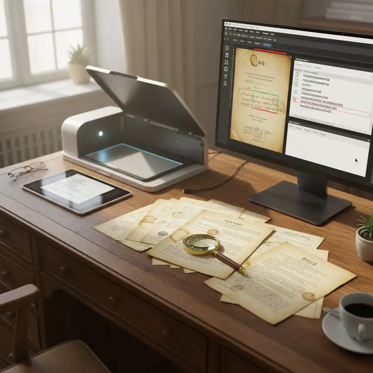 Nowoczesny skaner biurowy digitalizujący stare dokumenty, wspierający lepsze rozpoznawanie polskich znaków przez OCR