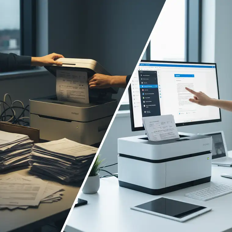 Pracownik IT analizujący integrację skanera dokumentów z systemami biurowymi, symbolizujący wymianę na lepiej kompatybilny model