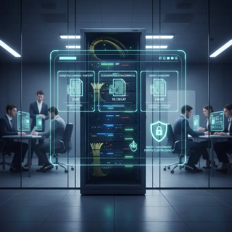 Przedsiębiorca analizujący na ekranie komputera elektroniczne umowy i akta pracownicze, zastanawiający się jak długo można przechowywać dokumenty wyłącznie w formie elektronicznej