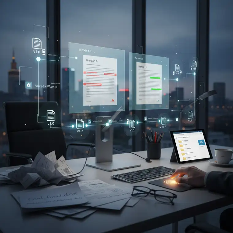 Interfejs porównania dwóch wersji dokumentu z wyróżnionymi zmianami – wizualny przykład, jak wersjonowanie dokumentów ułatwia cofanie i kontroli nad plikami