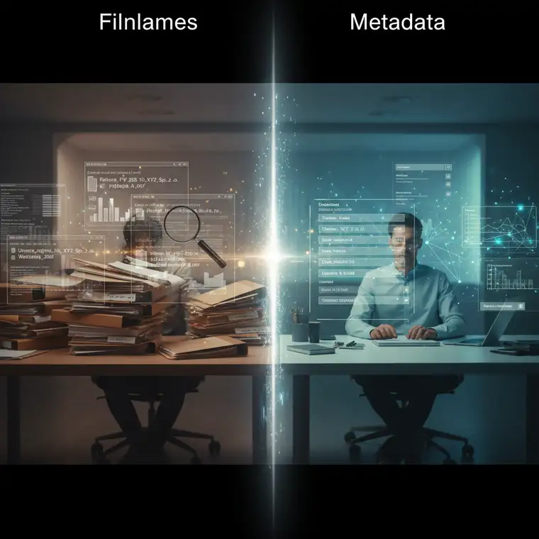 Schemat systemu zarządzania dokumentami, pokazujący metadane ważniejsze niż nazwa pliku oraz automatyzację wyszukiwania i obiegu