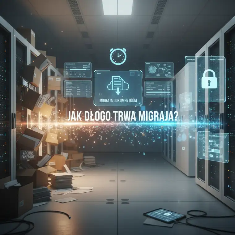 Zespół analizujący strukturę folderów i metadanych w systemach DMS na ekranach komputerów, planujący mapowanie danych i wpływ architektury informacji na czas migracji