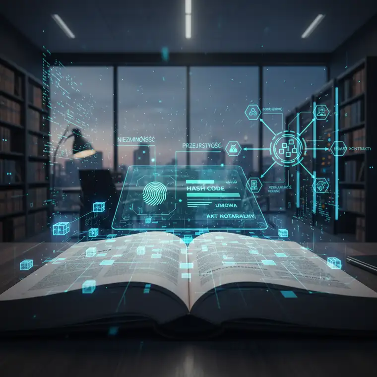 Grafika przedstawiająca prawników analizujących smart kontrakty na blockchainie, ilustrująca zastosowania technologii dla niezmiennej dokumentacji prawnej