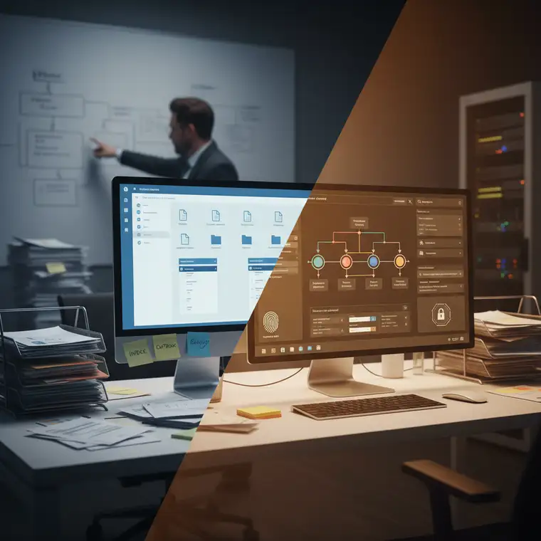 Dashboard systemu ECM prezentujący audyt, bezpieczeństwo, zgodność i obieg dokumentów, w porównaniu do podstawowych funkcji SharePoint