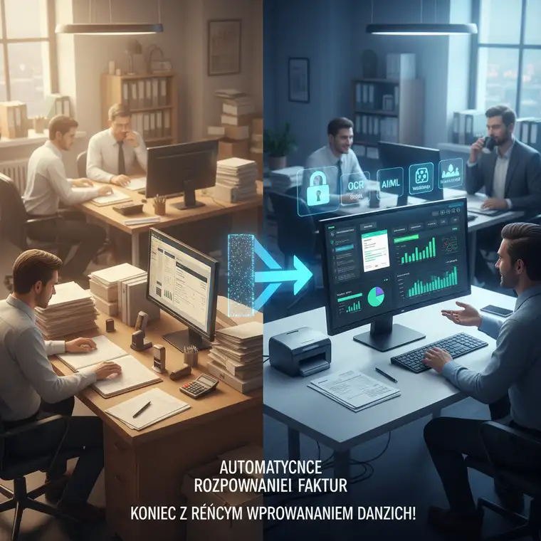 Nowoczesny pulpit ERP z raportami kosztów i fakturami, ilustrujący jak automatyczne rozpoznawanie faktur wspiera analizy i oszczędza czas księgowości
