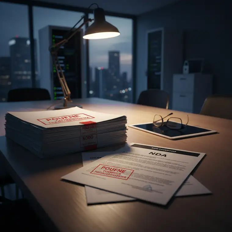 Zespół omawia umowę NDA i klauzulę poufności przy laptopach, analizując dokumenty wymagające ochrony zgodnie z prawem i regulacjami RODO