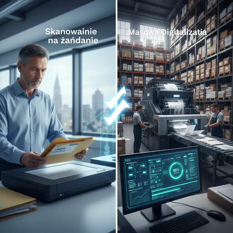 Schemat procesu masowej digitalizacji dokumentów firmowych i skanowania na żądanie, porównanie strategii cyfryzacji archiwów