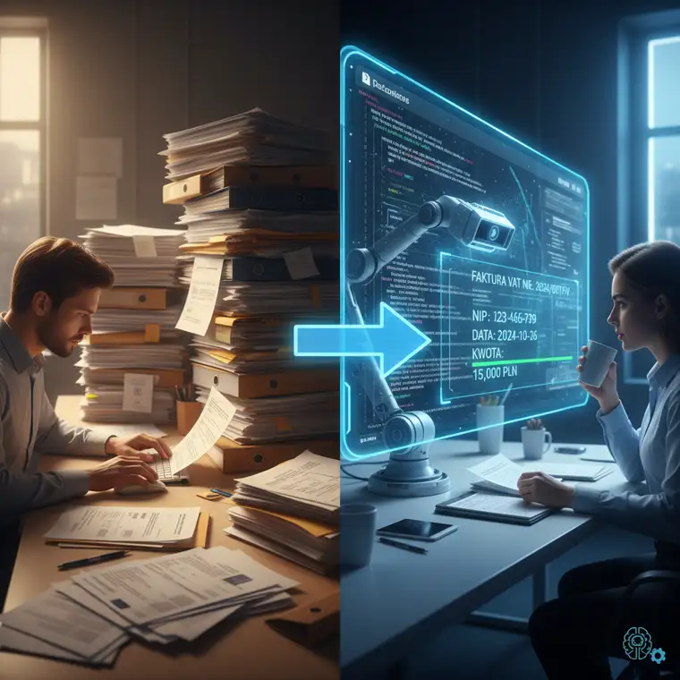 Schemat automatycznego indeksowania dokumentów z użyciem OCR, AI i RPA, pokazujący redukcję błędów i oszczędność czasu w firmie