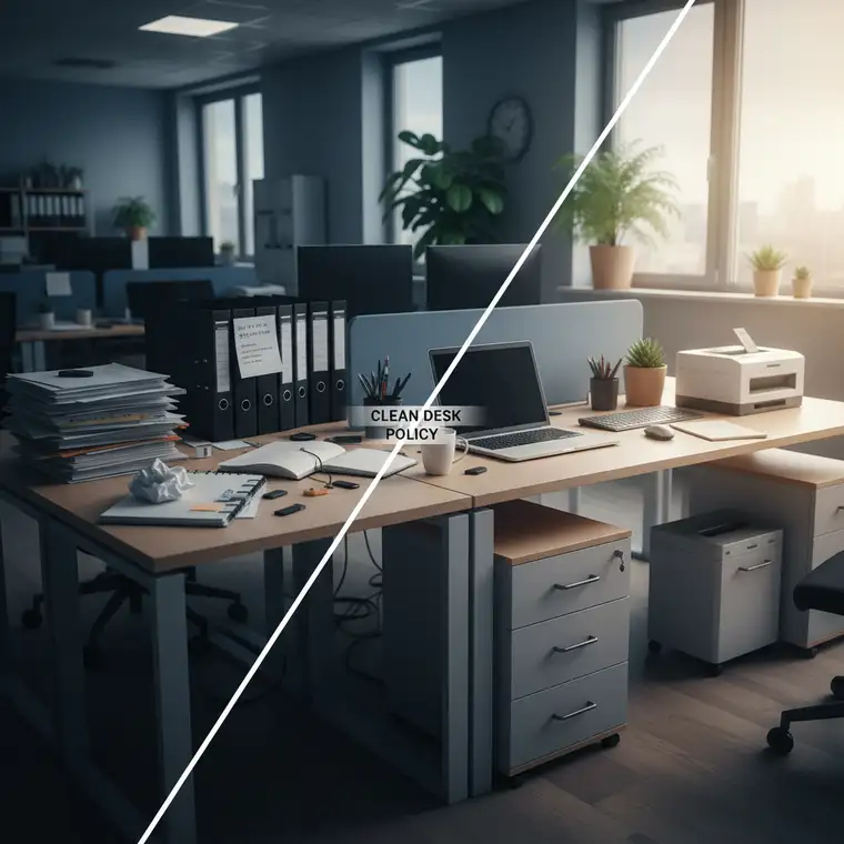 Pracownik porządkujący dokumenty przy biurku, symbolizujący wdrożenie polityki czystego biurka i uporządkowanie dokumentacji