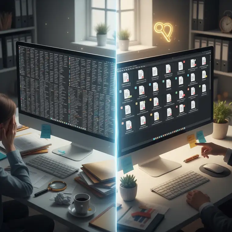 Infografika prezentująca proces wdrażania standardów nazewnictwa, pokazująca dlaczego jednolita nomenklatura plików jest kluczowa dla wyszukiwania i automatyzacji dokumentów