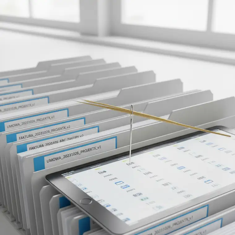 Schemat pokazujący uporządkowaną strukturę folderów i plików, ilustrujący dlaczego jednolita nomenklatura plików jest kluczowa dla wyszukiwania i zarządzania dokumentami