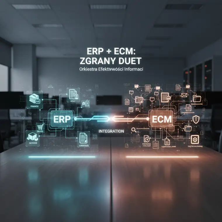 Panel użytkownika systemu ECM z rozbudowanym wyszukiwaniem, wersjonowaniem i workflow w porównaniu do prostego widoku dokumentów w ERP
