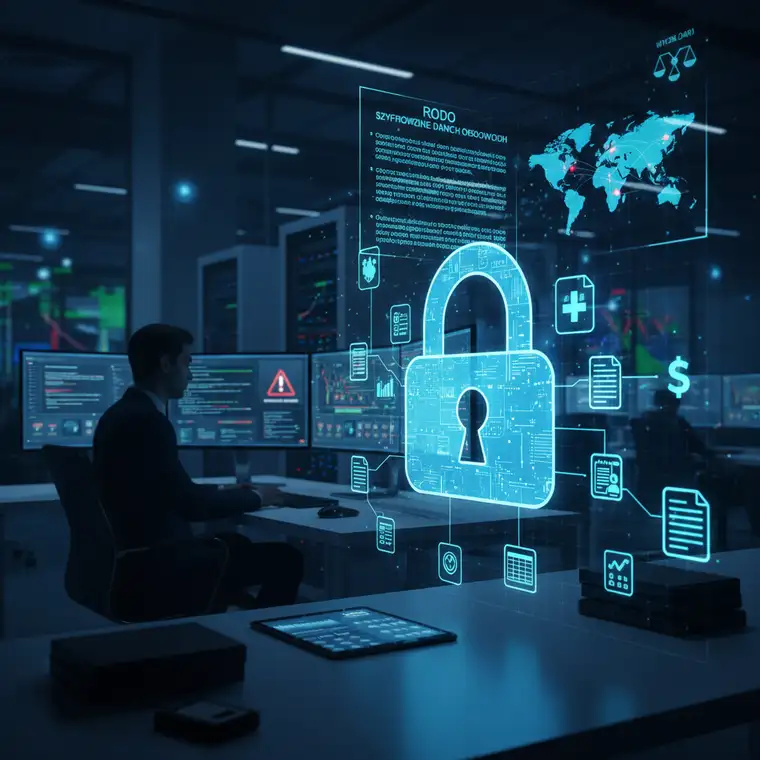 Schemat przepływu danych pokazujący szyfrowanie dokumentów w sektorach medycznym, finansowym, e-commerce i administracji publicznej