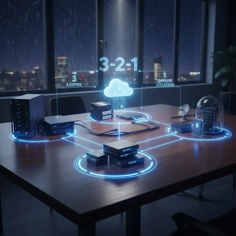 Administrator systemów IT projektuje backup dokumentów według zasady 3-2-1, z wykorzystaniem chmury i lokalnych nośników danych