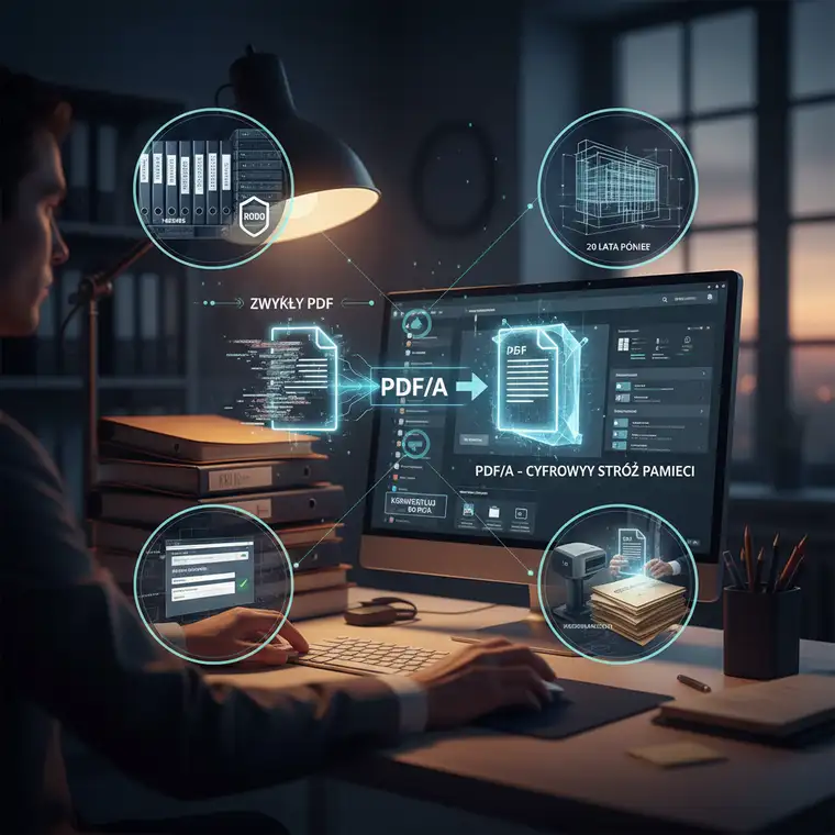 Schemat procesu archiwizacji dokumentacji technicznej i projektów budowlanych w formacie PDF/A z naciskiem na długoterminową czytelność