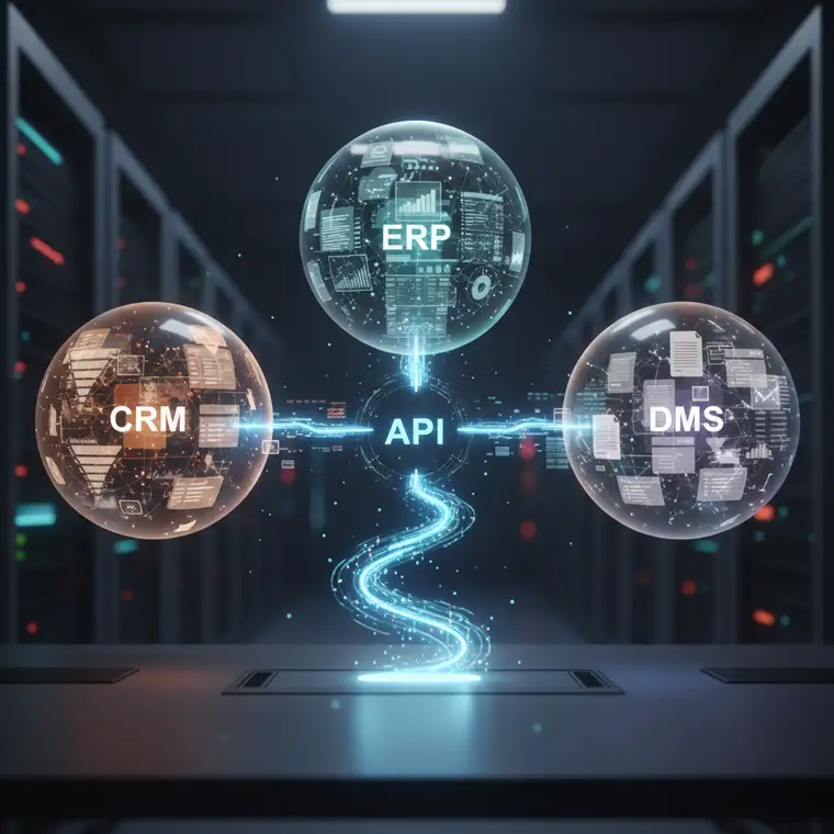 Schemat architektury API z platformą integracyjną iPaaS, łączącą CRM, ERP i system dokumentów w spójny ekosystem wymiany danych