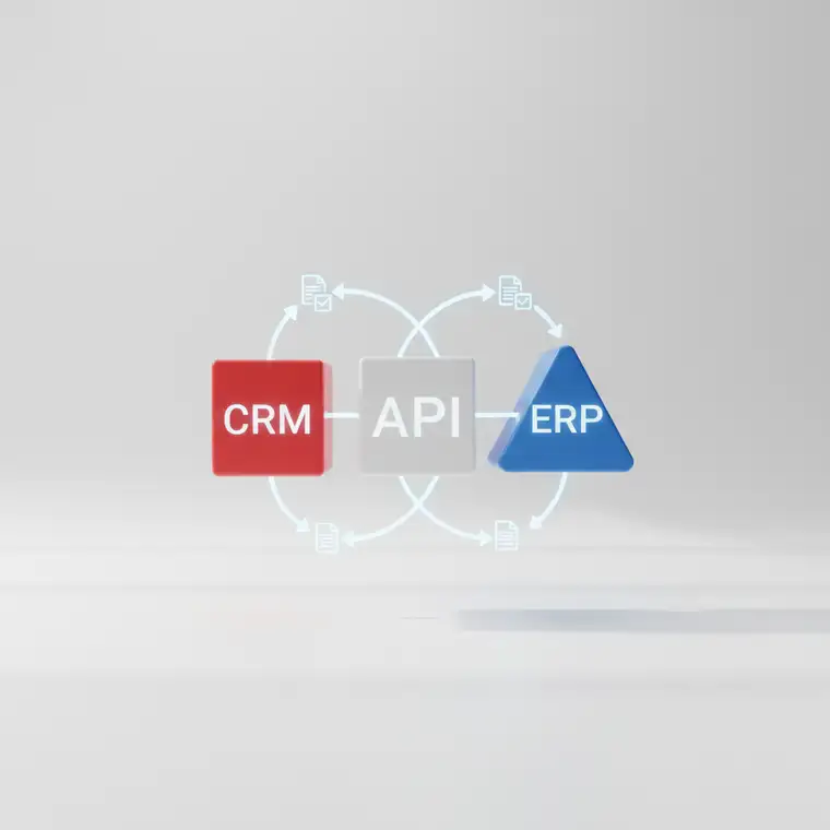Schemat integracji systemu dokumentów z CRM i ERP poprzez API, prezentujący przepływ danych i automatyzację procesów biznesowych w firmie