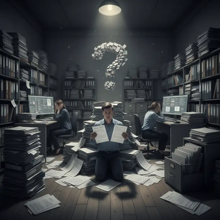 Schemat cyfrowego systemu DMS z numeracją dokumentów pokazujący, jak uporządkowana numeracja dokumentów eliminuje chaos w obiegu