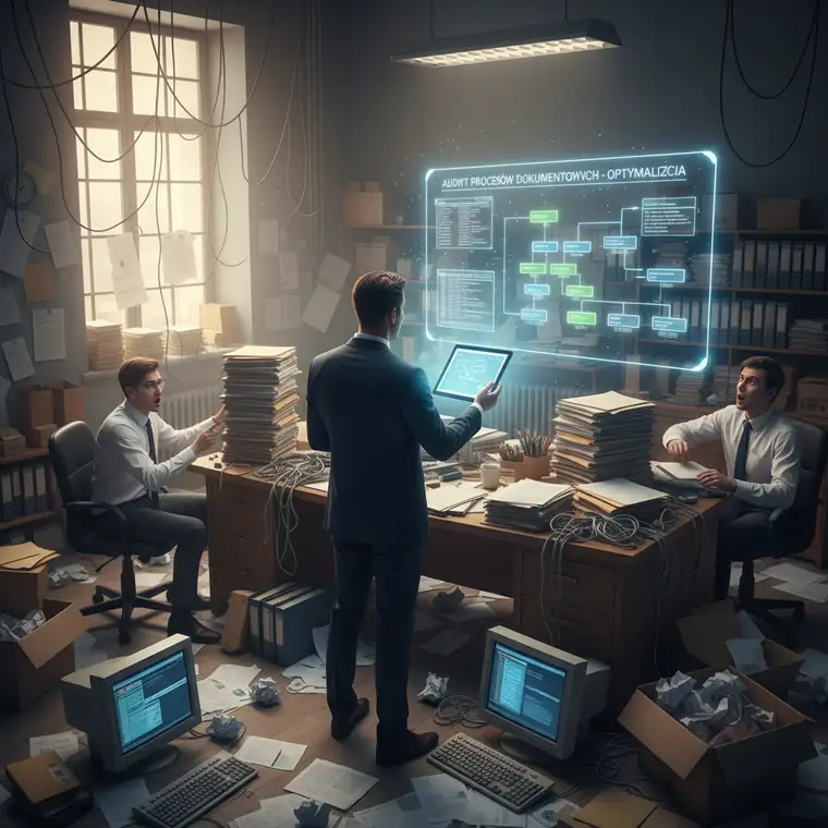 Schemat cyfrowego obiegu dokumentów w firmie, pokazujący audyt procesów dokumentowych, redukcję kosztów papieru i wdrażanie rozwiązań bezpapierowych