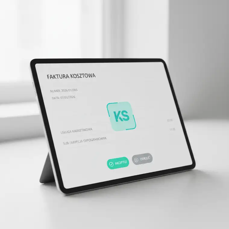 Schemat cyfrowego obiegu faktur kosztowych w małej firmie usługowej, pokazujący etapy digitalizacji, akceptacji i księgowania zgodnie z KSeF