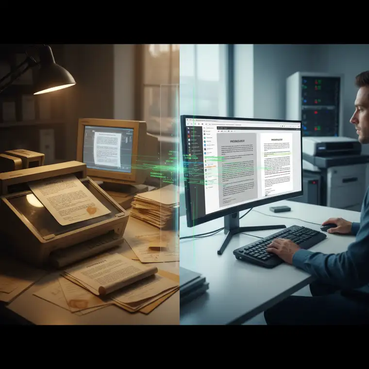 Schemat procesu digitalizacji umów: od papierowego oryginału, przez skan z 2010 roku, aż po współczesną obróbkę obrazu i OCR w systemie DMS