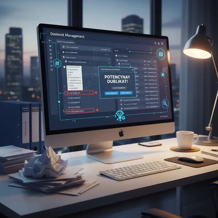 Panel systemu DMS pokazujący deduplikację dokumentów po imporcie z e‑maila oraz listę wykrytych duplikatów do weryfikacji
