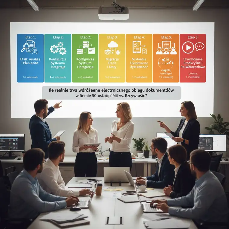 Zespół testujący system elektronicznego obiegu dokumentów przed produkcyjnym uruchomieniem, ekran z obiegami i integracjami EOD