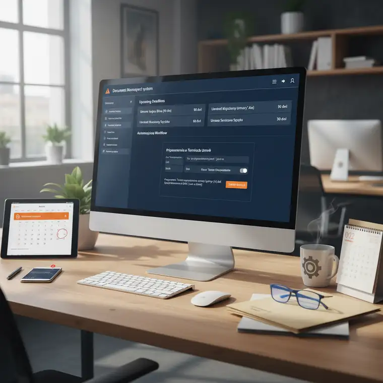 Ekran konfiguracji workflow w DMS pokazujący reguły automatycznych powiadomień o terminach umów i odpowiedzialne osoby