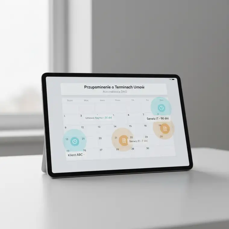 Widok pulpitu DMS z listą umów i konfiguracją automatycznych przypomnień o terminach umów w systemie zarządzania dokumentami