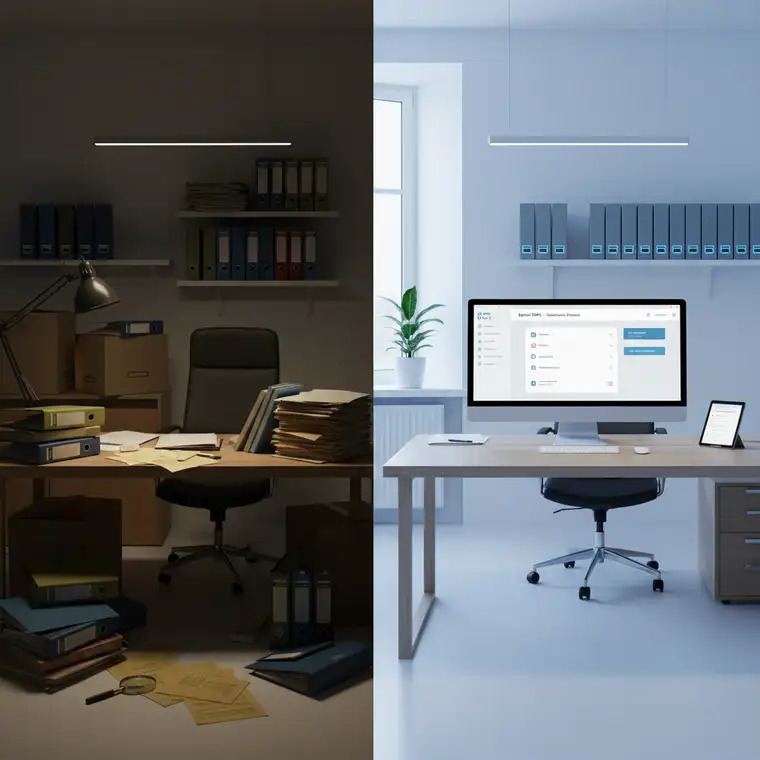 Ekran komputera z interfejsem systemu DMS w kancelarii, widoczne akta spraw, metadane i workflow dla prawników