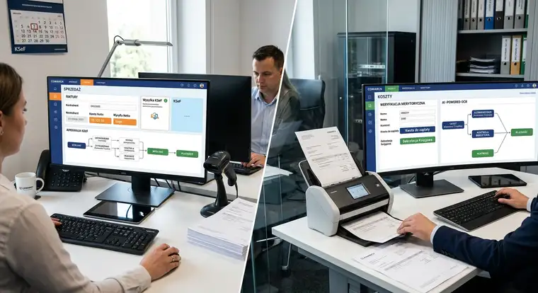 Panel systemu DMS prezentujący workflow faktur kosztowych, etapy akceptacji i integrację z księgowością