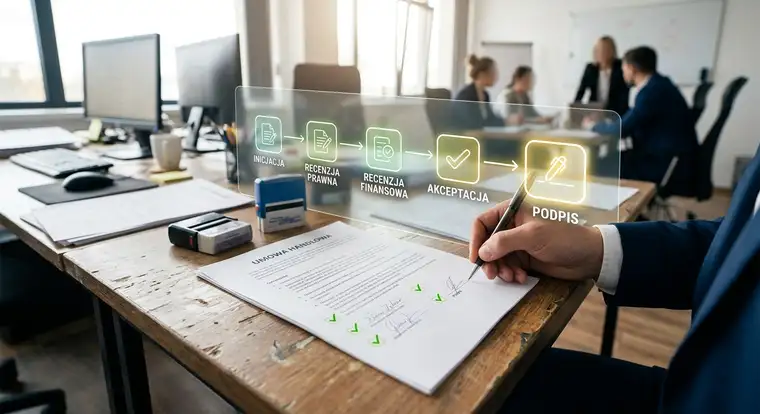 Ekran konfiguracji workflow akceptacji umów – etapy recenzji prawnej, finansowej i akceptacji zarządu w systemie dokumentowym
