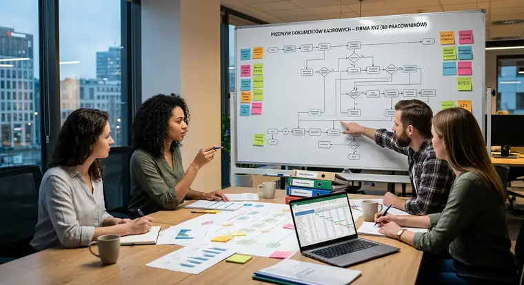 Schemat nowego workflow dokumentów kadrowych na ekranie komputera, z zaznaczonymi etapami procesu w firmie 80-osobowej